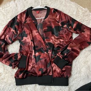 Guess satin red camo bomber jacket